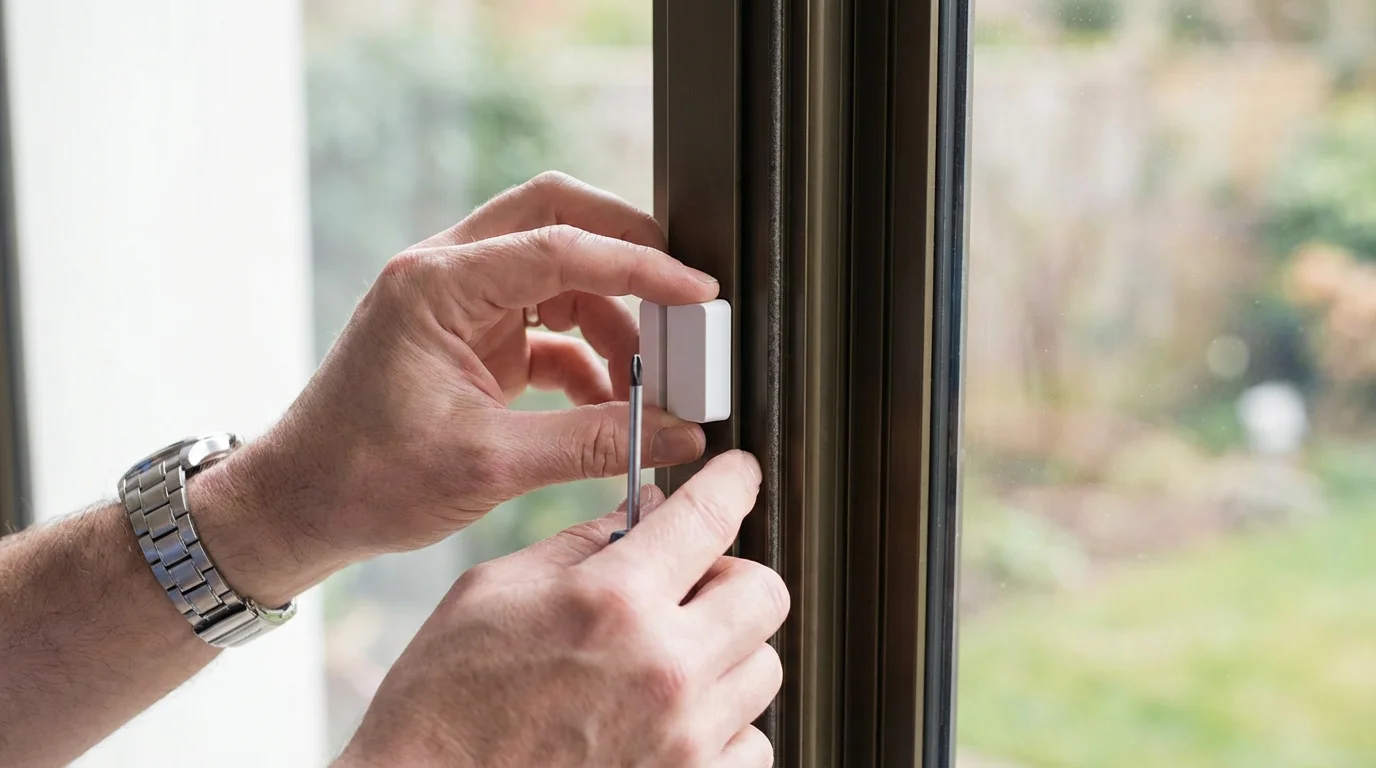 Close-up of hands installing a smart contact sensor on a window frame.