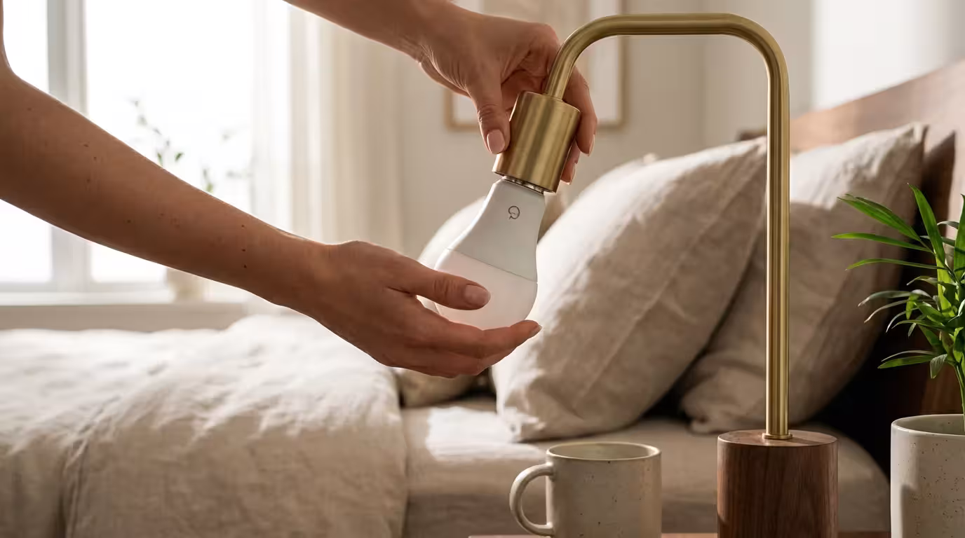 Close-up of hands installing a smart light bulb into a designer lamp.