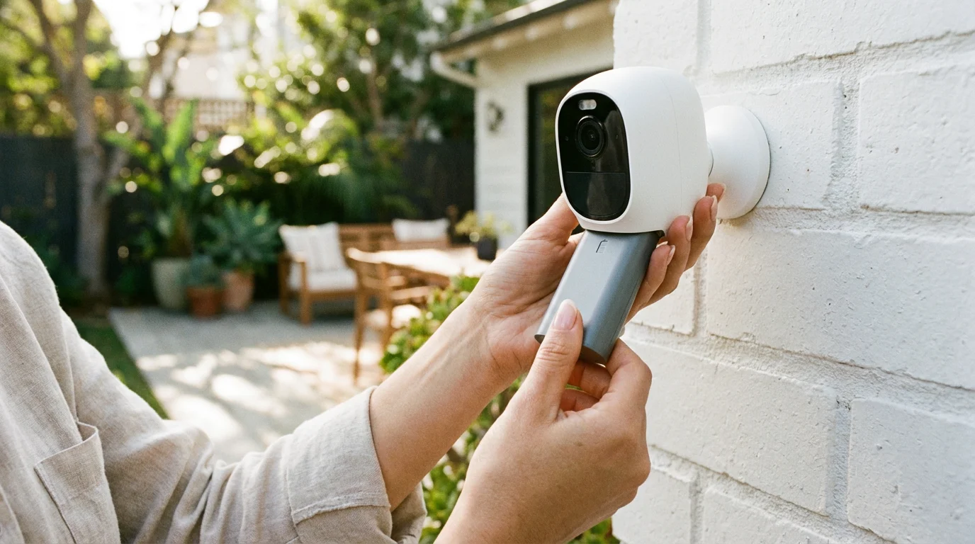 Close-up of hands maintaining a smart security camera battery in a bright outdoor setting.