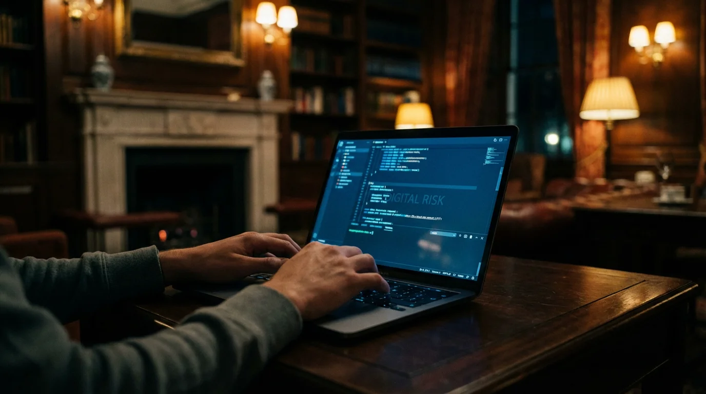 Close-up of hands on a laptop in a moody, high-end interior setting.