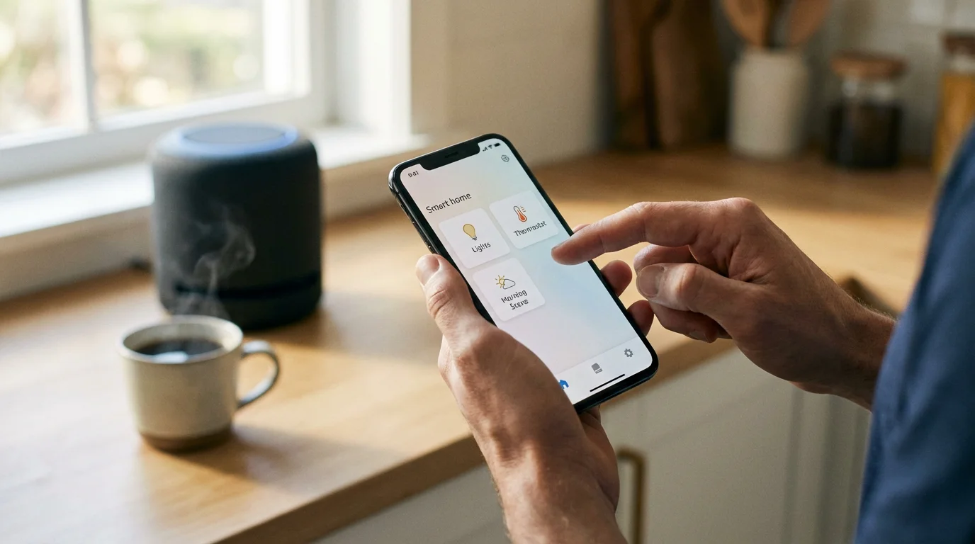 Close-up of hands using a smartphone app to configure smart home devices in a bright kitchen.