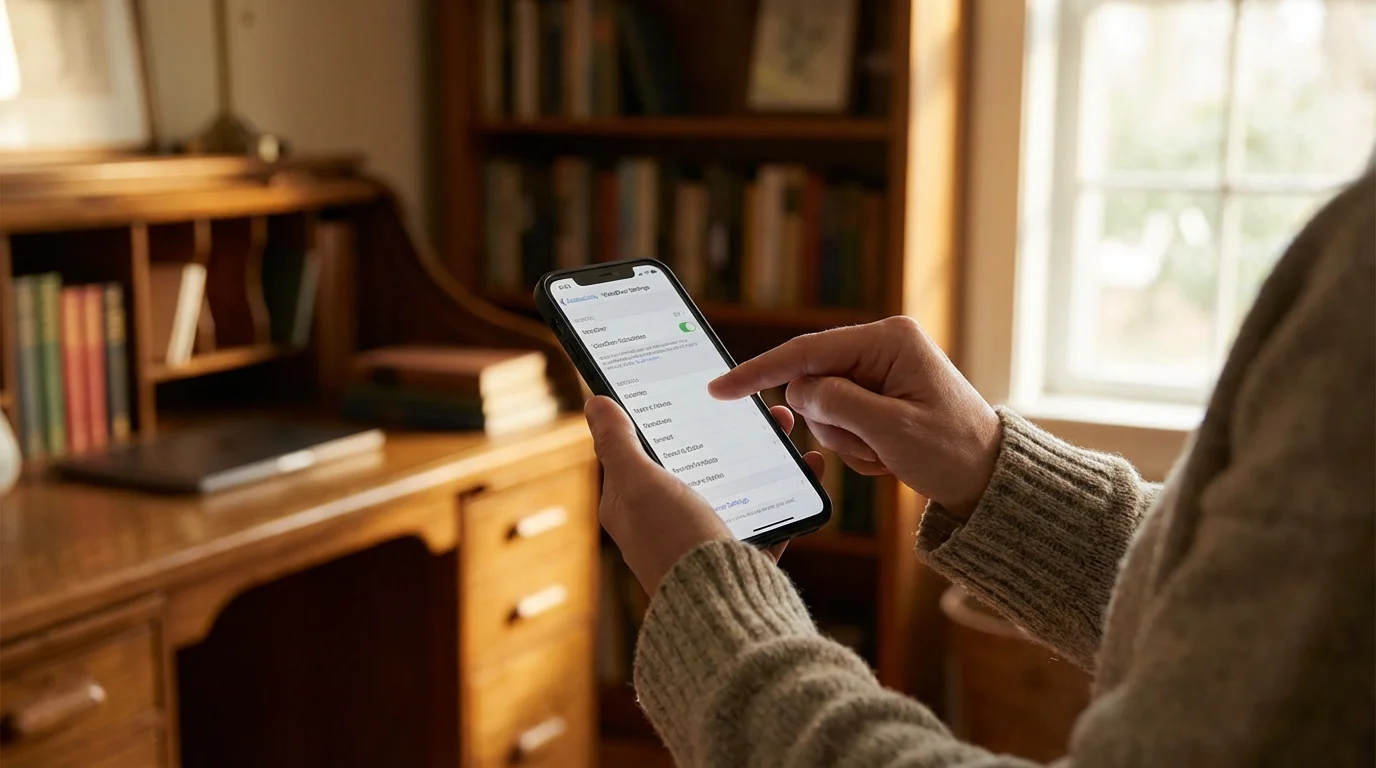 Close-up of hands using a smartphone with accessibility settings in a cozy room.