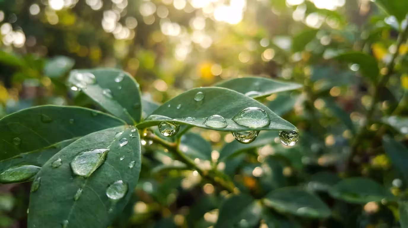 Close-up of healthy green leaves with water droplets, representing optimal plant hydration.