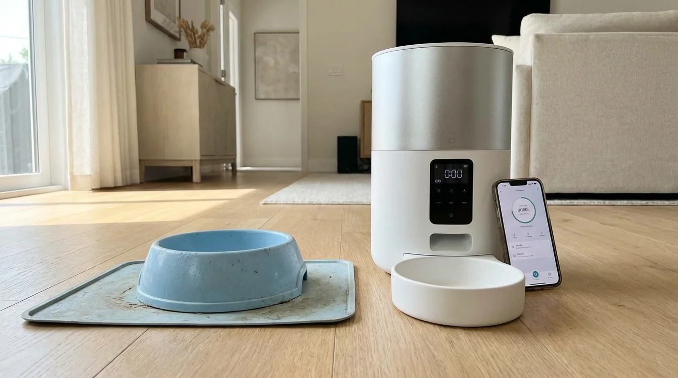 Comparison between a basic pet bowl and a high-tech smart feeder.