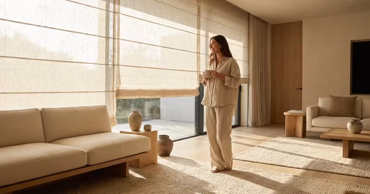 A woman in a modern living room watching smart blinds rise automatically as sunlight fills the room.