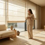 A woman in a modern living room watching smart blinds rise automatically as sunlight fills the room.