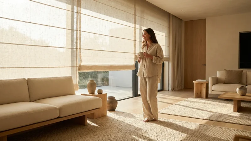A woman in a modern living room watching smart blinds rise automatically as sunlight fills the room.
