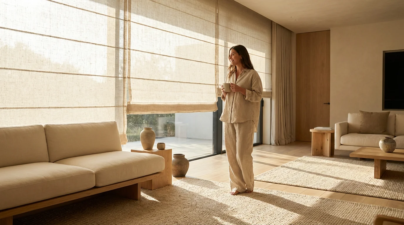 A woman in a modern living room watching smart blinds rise automatically as sunlight fills the room.