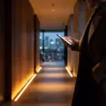 A person using a smartphone in a smart home hallway illuminated by amber floor lights.