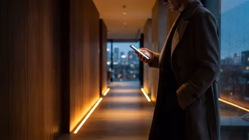A person using a smartphone in a smart home hallway illuminated by amber floor lights.