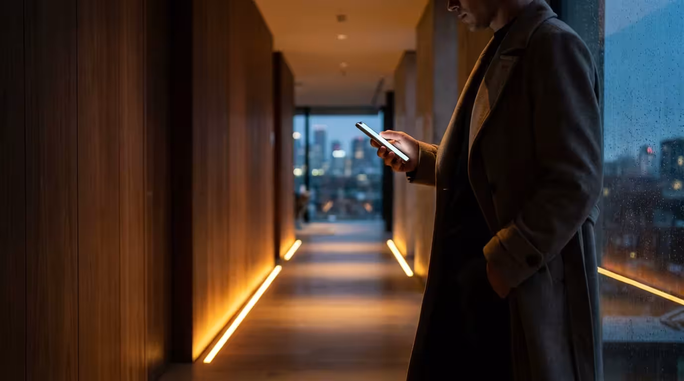 A person using a smartphone in a smart home hallway illuminated by amber floor lights.