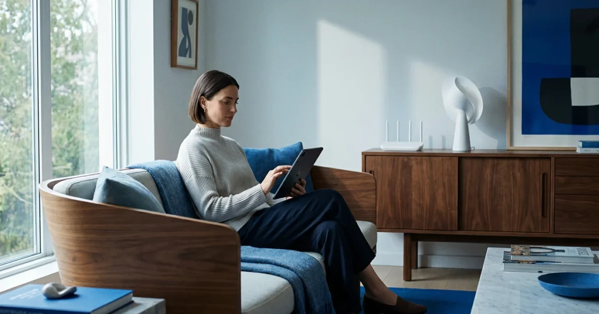 A homeowner using a tablet in a modern smart home living room with a router visible.