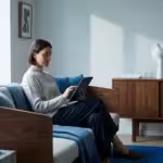A homeowner using a tablet in a modern smart home living room with a router visible.