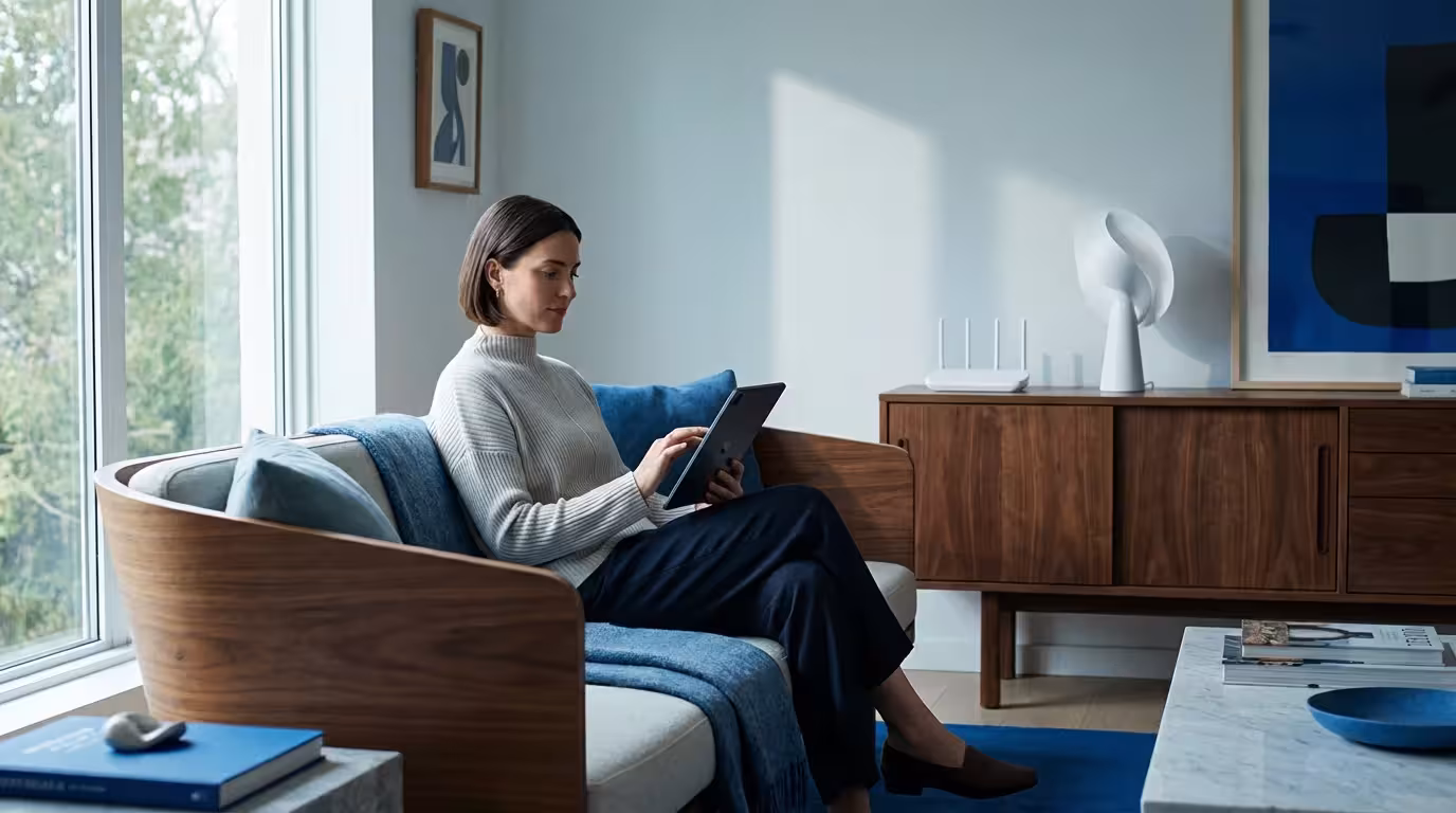 A homeowner using a tablet in a modern smart home living room with a router visible.
