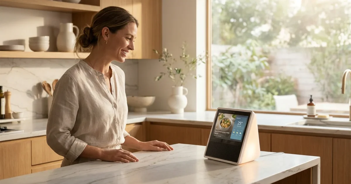 A woman smiling in a bright modern kitchen with a smart home display on the counter.