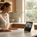 A woman smiling in a bright modern kitchen with a smart home display on the counter.