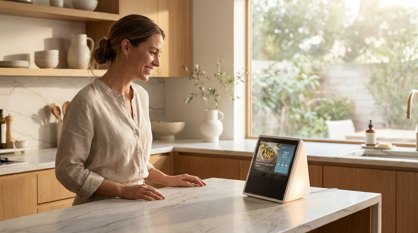 A woman smiling in a bright modern kitchen with a smart home display on the counter.