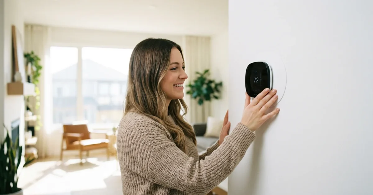 Homeowner adjusting a smart thermostat in a bright, modern living room.