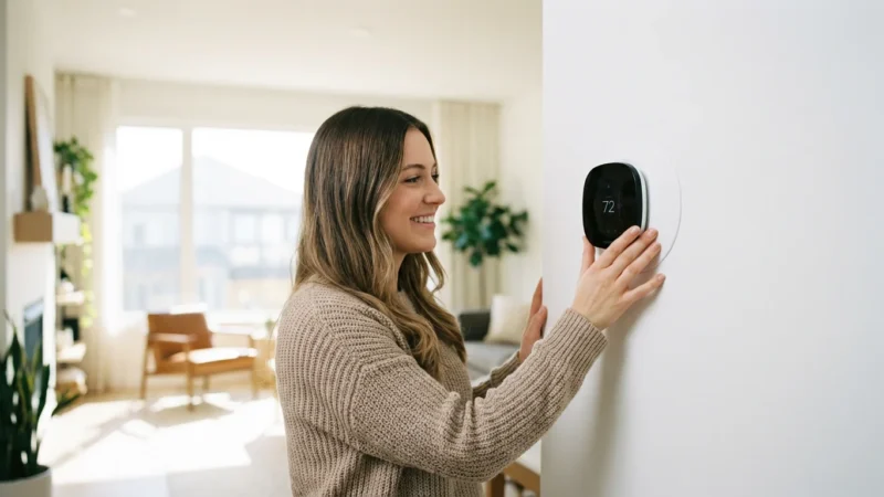 Homeowner adjusting a smart thermostat in a bright, modern living room.