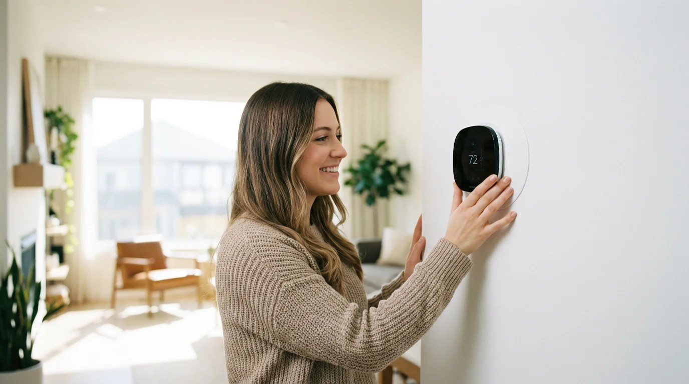Homeowner adjusting a smart thermostat in a bright, modern living room.
