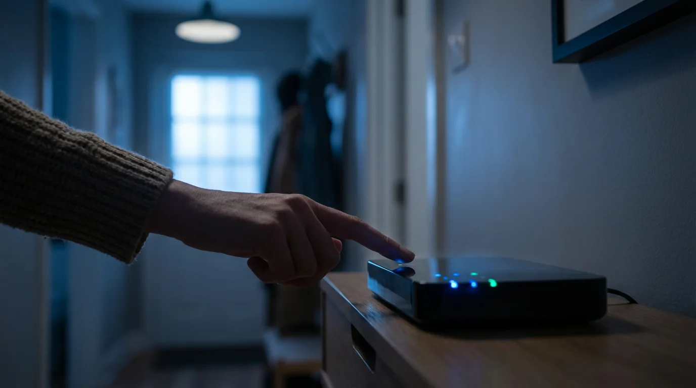 Hand checking a smart home hub during a blackout.