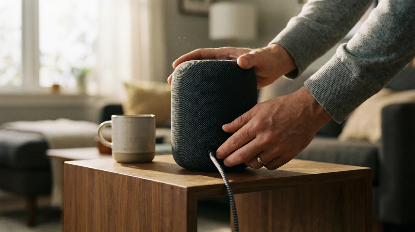 Hands checking the power cable on the back of a smart speaker.