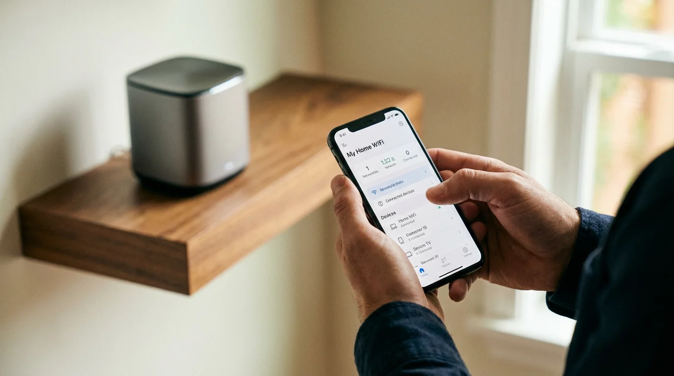Hands holding a smartphone to configure a home WiFi router.