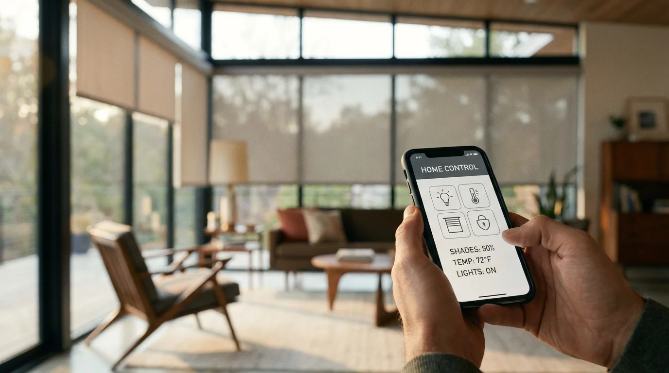 Hands holding a smartphone with a smart home app interface in a modern, sunlit room.