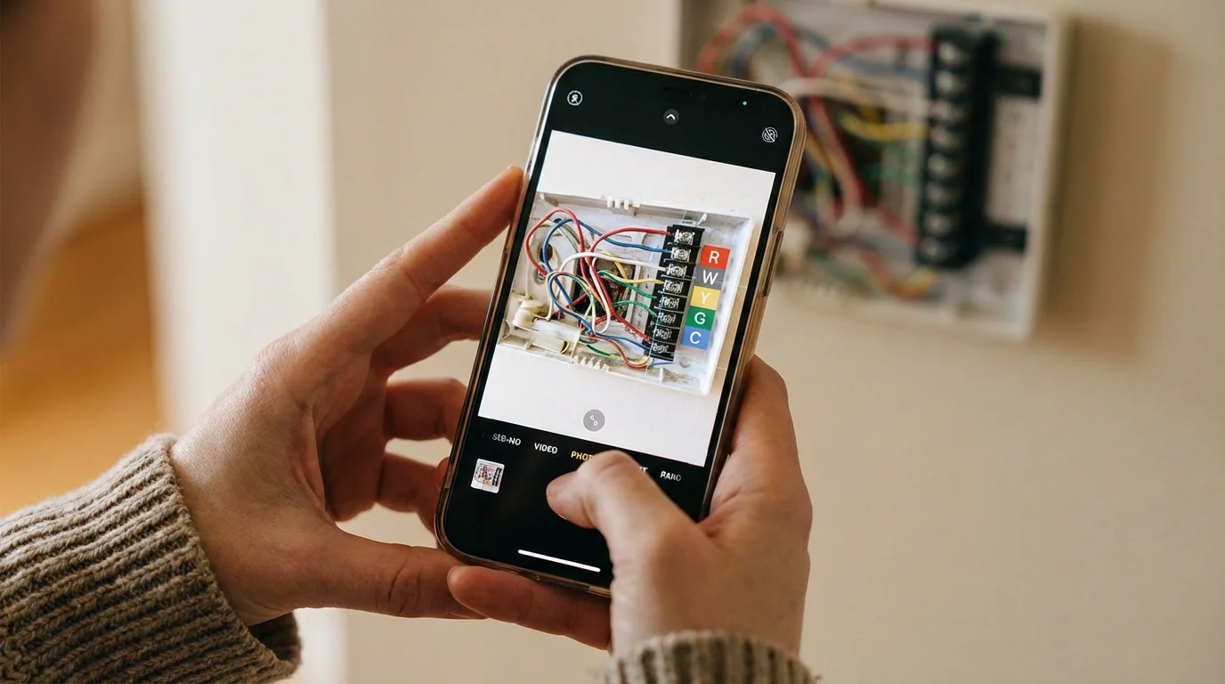 Hands taking a photo of thermostat wiring with a smartphone.