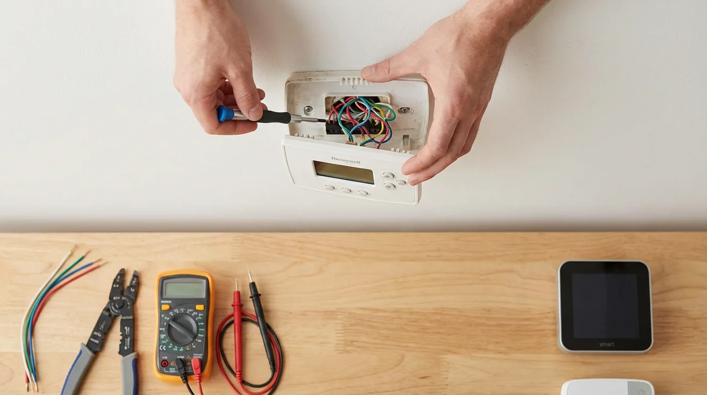 Hands using a screwdriver to reveal colorful thermostat wiring behind a faceplate.