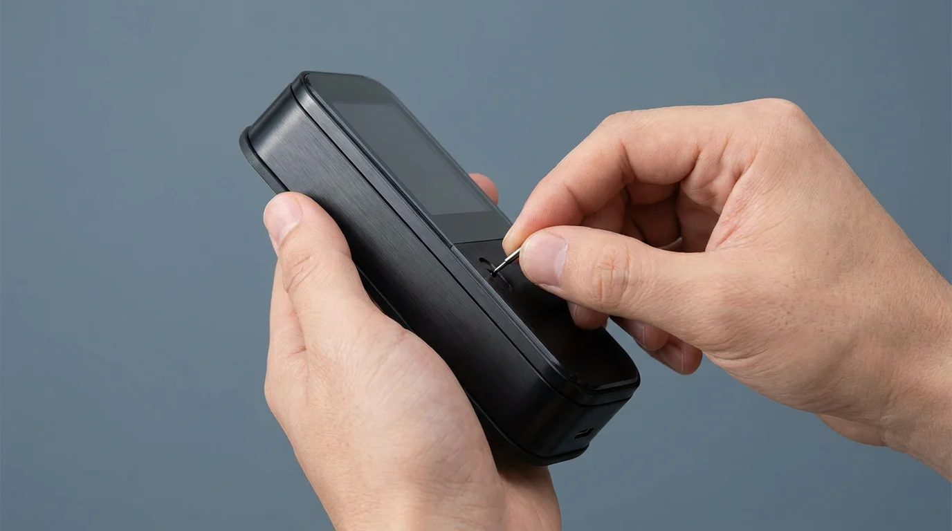 Hands using a small tool to press the reset button on the back of a smart lock.