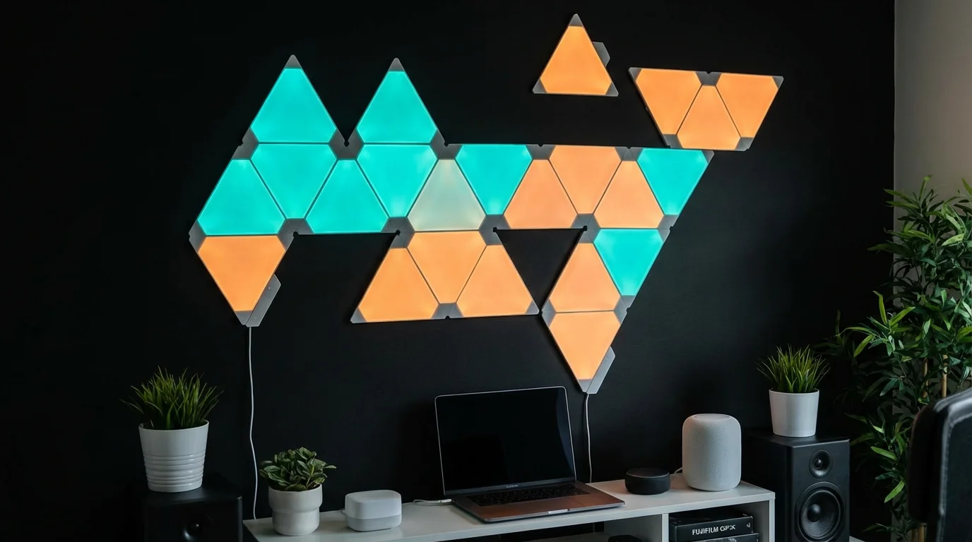 Hexagonal smart light panels arranged in a pattern on a dark wall glowing with teal and orange light.