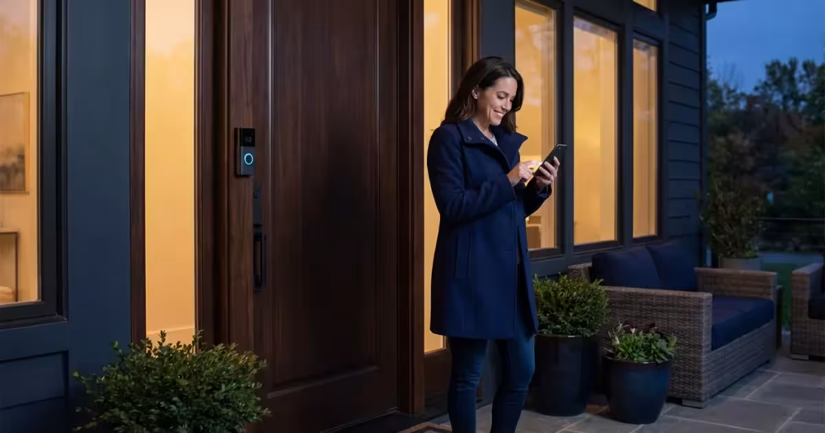 A woman checking her smartphone on a modern front porch with a video doorbell at sunset.
