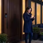 A woman checking her smartphone on a modern front porch with a video doorbell at sunset.