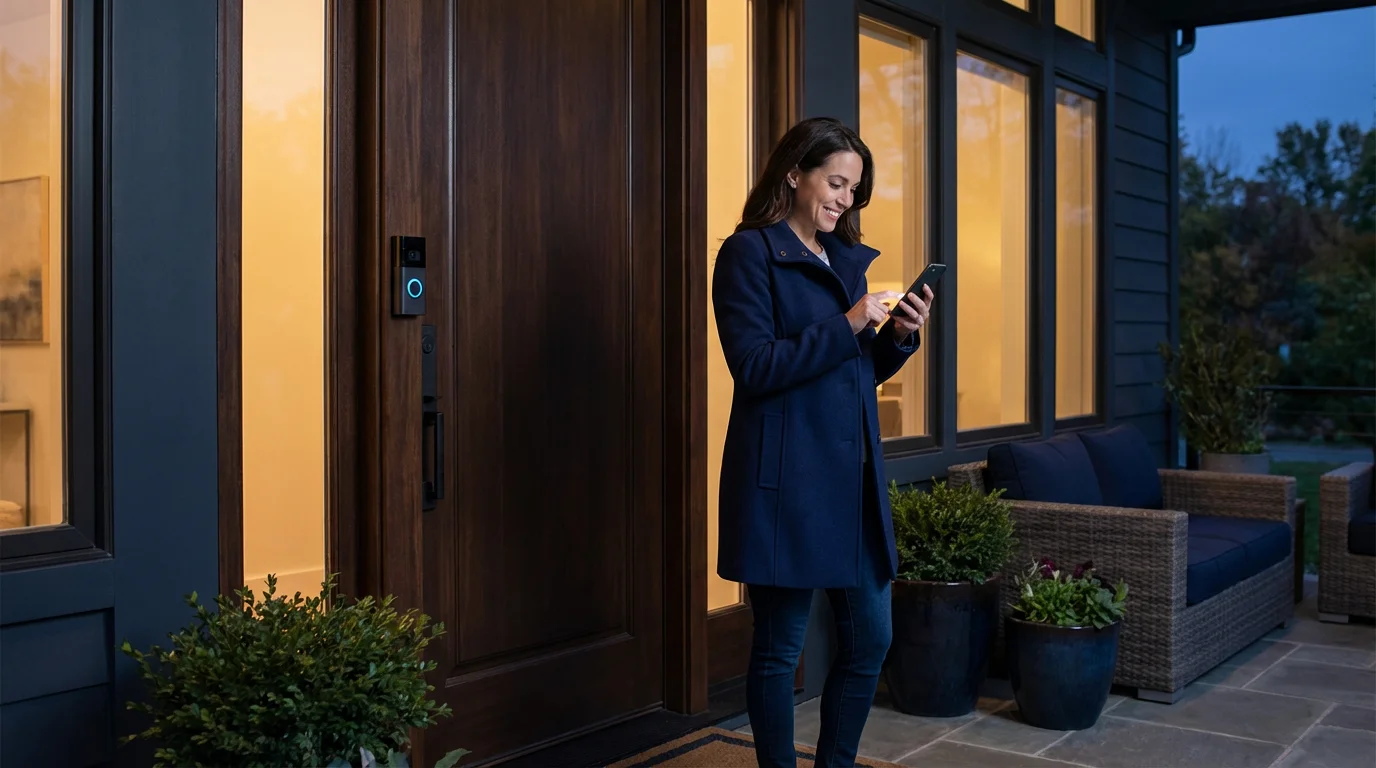 A woman checking her smartphone on a modern front porch with a video doorbell at sunset.