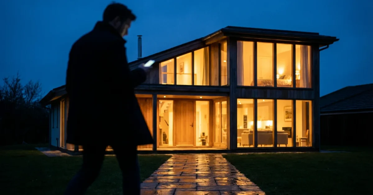A modern home at twilight with warm lights glowing inside as a person walks away, representing smart home security.