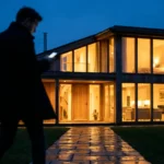 A modern home at twilight with warm lights glowing inside as a person walks away, representing smart home security.
