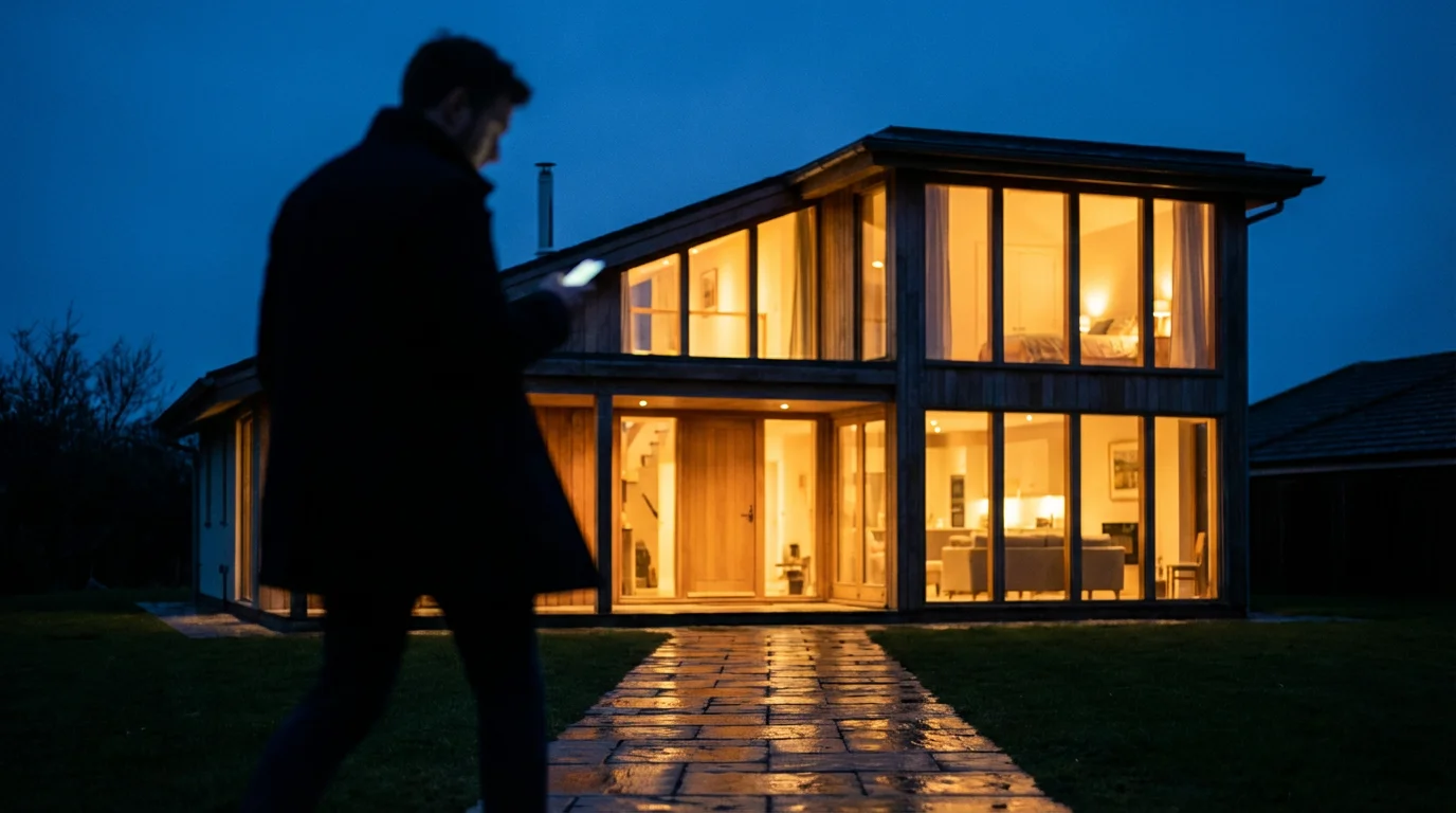 A modern home at twilight with warm lights glowing inside as a person walks away, representing smart home security.
