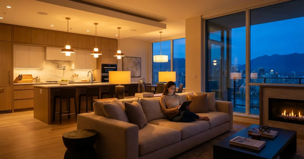A modern living room at dusk with different lighting levels in the kitchen and lounge areas controlled by a tablet.