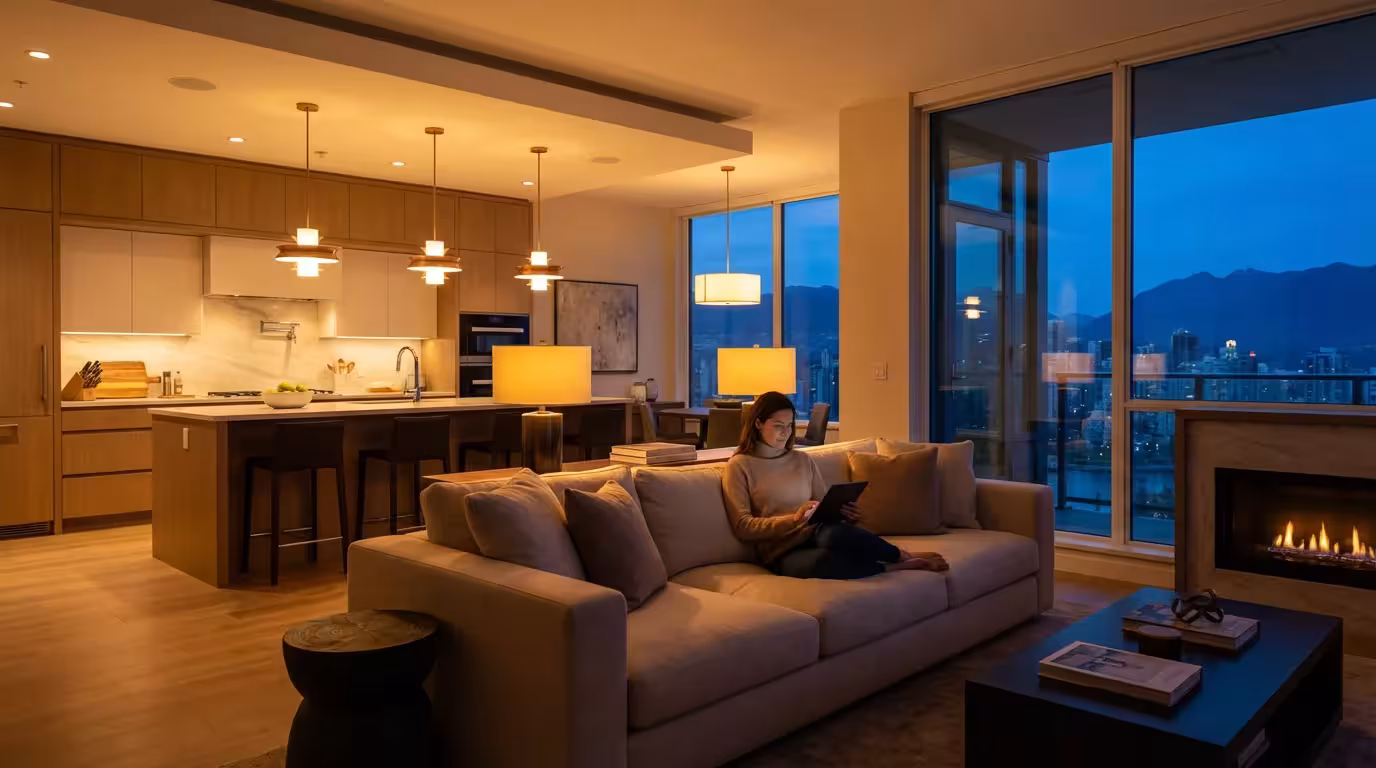 A modern living room at dusk with different lighting levels in the kitchen and lounge areas controlled by a tablet.