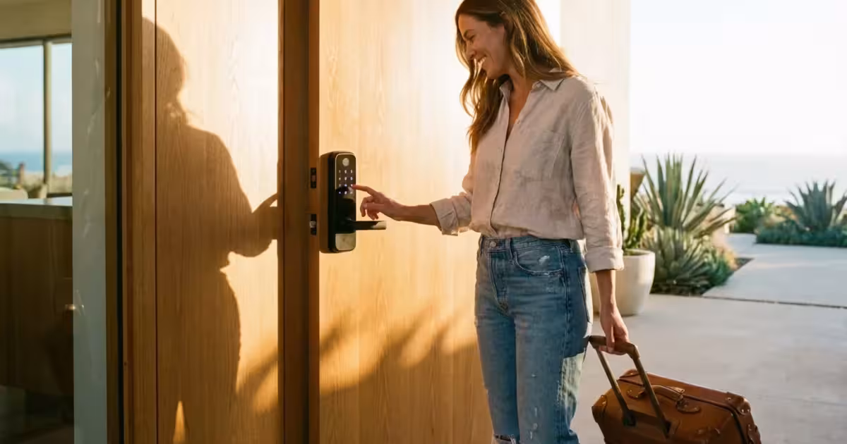 A guest entering a code on a smart lock at a modern vacation rental during sunset.