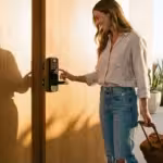 A guest entering a code on a smart lock at a modern vacation rental during sunset.