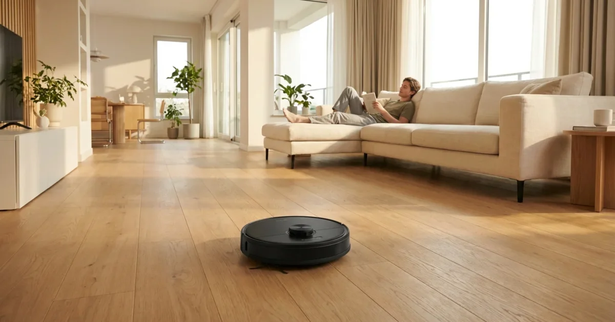 A modern living room with a robot vacuum cleaning a hardwood floor during a sunny afternoon.