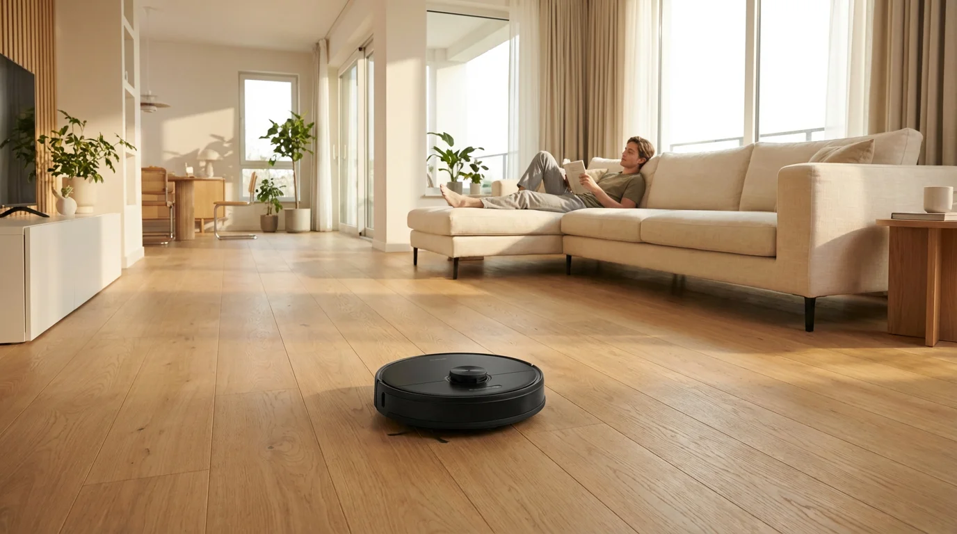 A modern living room with a robot vacuum cleaning a hardwood floor during a sunny afternoon.