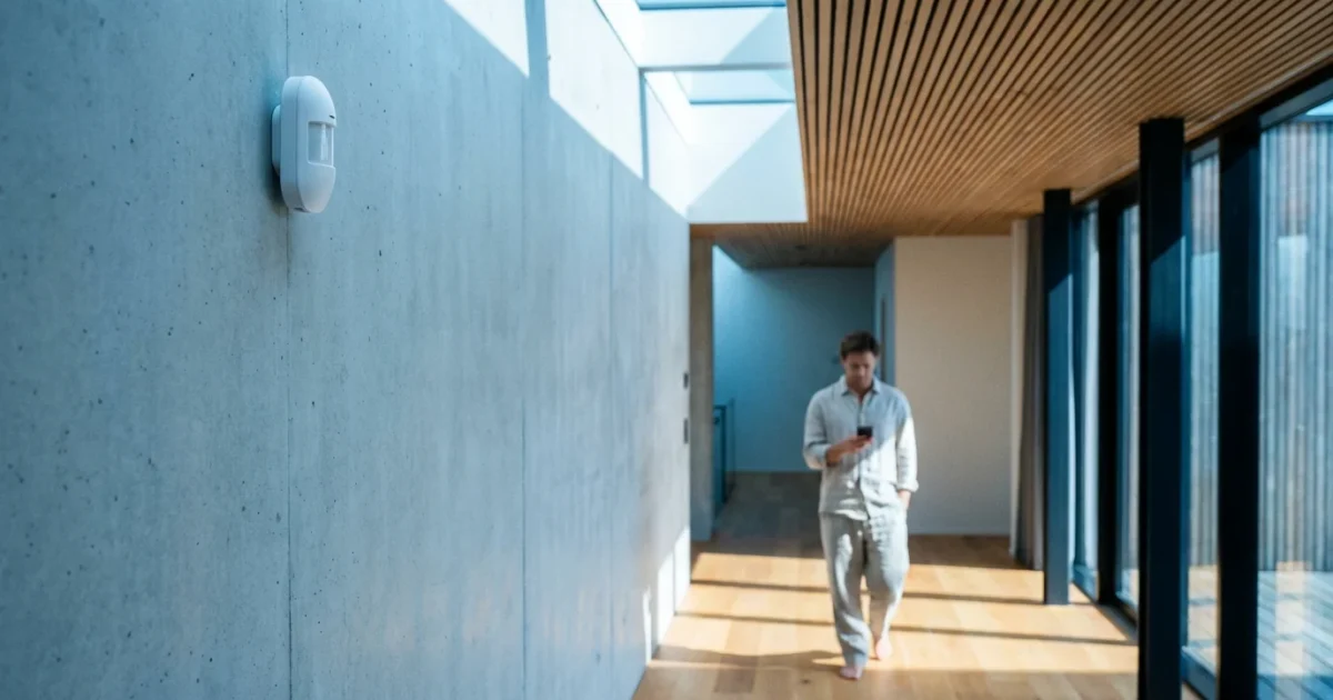 A modern hallway featuring a discreet smart motion sensor on the wall with a person using a smartphone in the background.