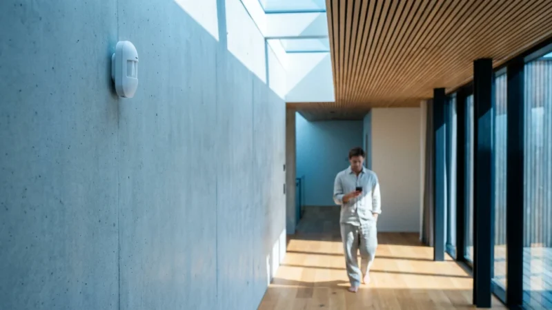 A modern hallway featuring a discreet smart motion sensor on the wall with a person using a smartphone in the background.