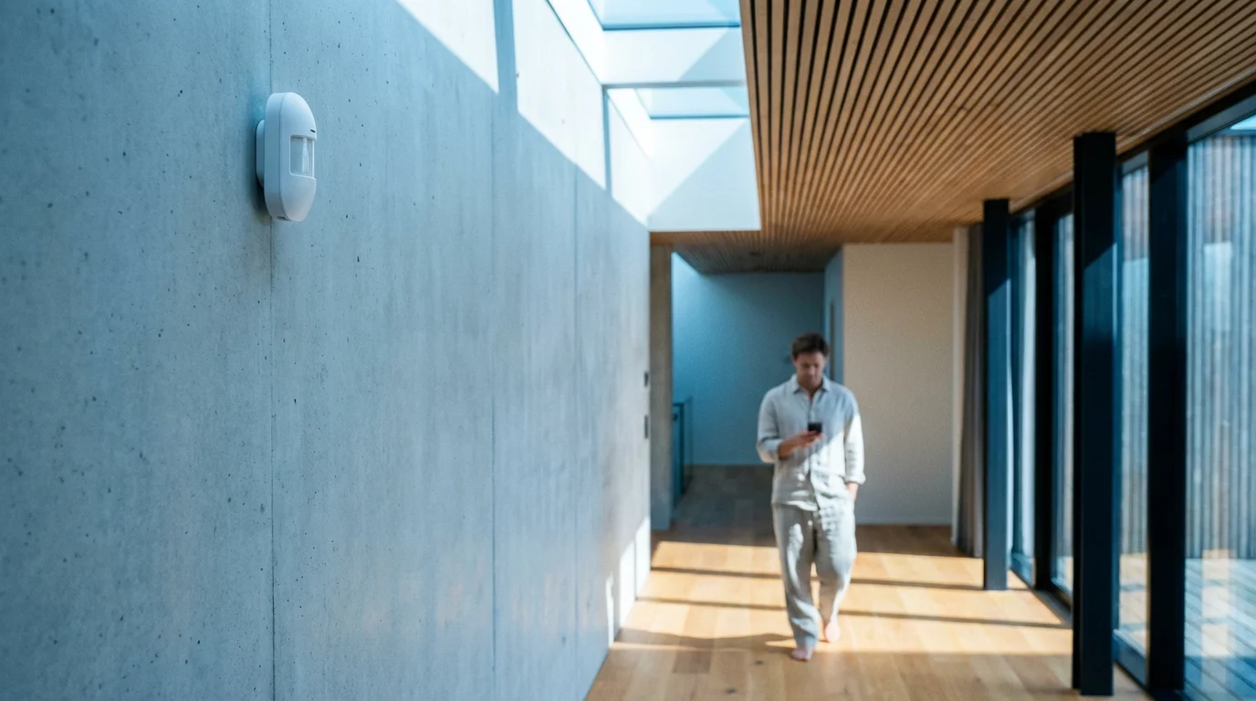 A modern hallway featuring a discreet smart motion sensor on the wall with a person using a smartphone in the background.