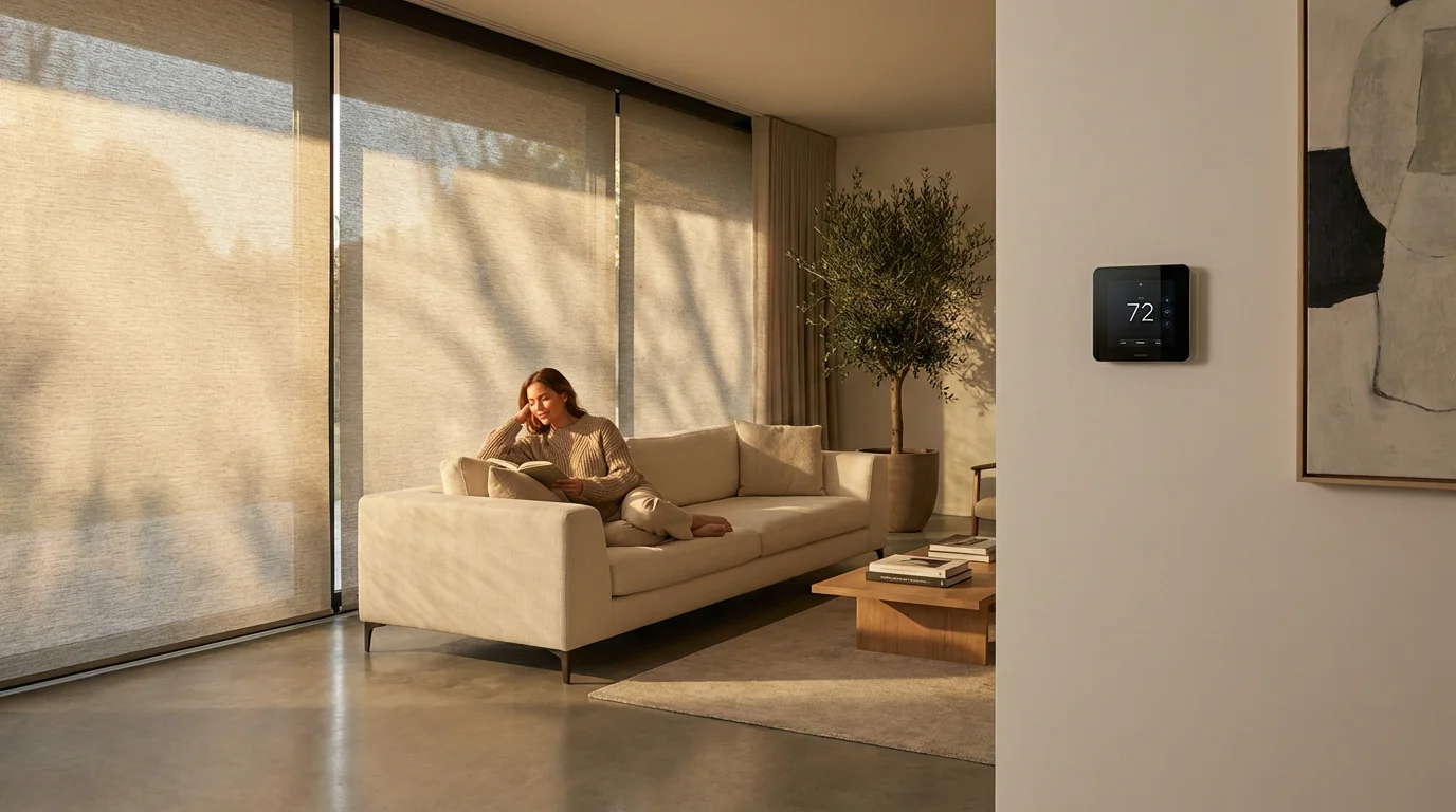 A woman relaxing in a sun-drenched modern living room with automated smart blinds and a wall-mounted thermostat.