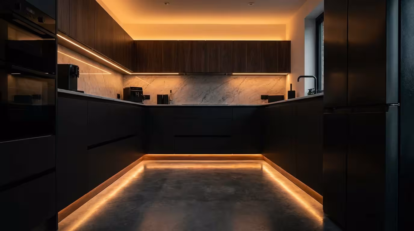 LED light strips under kitchen cabinets and along the floor creating a sense of space.