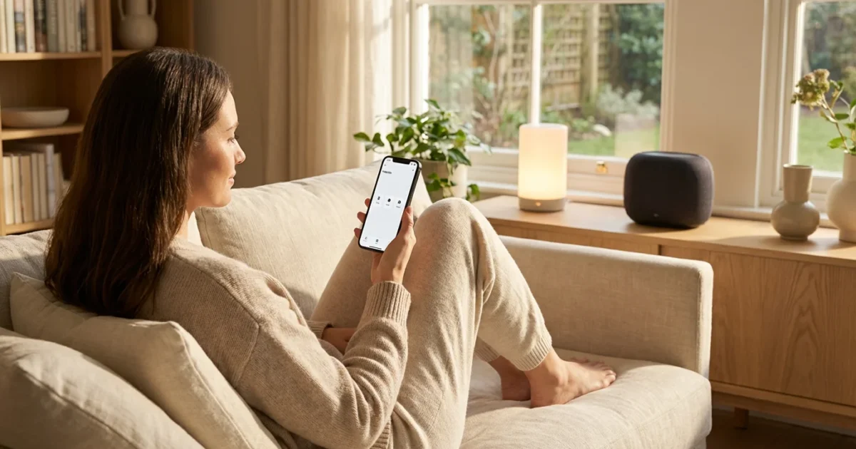 A woman using a smartphone to control devices in a bright, modern smart home with minimalist decor.